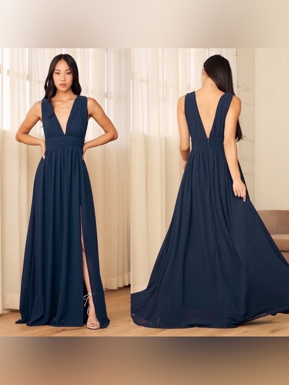 Lulus Size XS Heavenly Hues Navy Deep V Maxi Floor Length Formal Dress with Slit